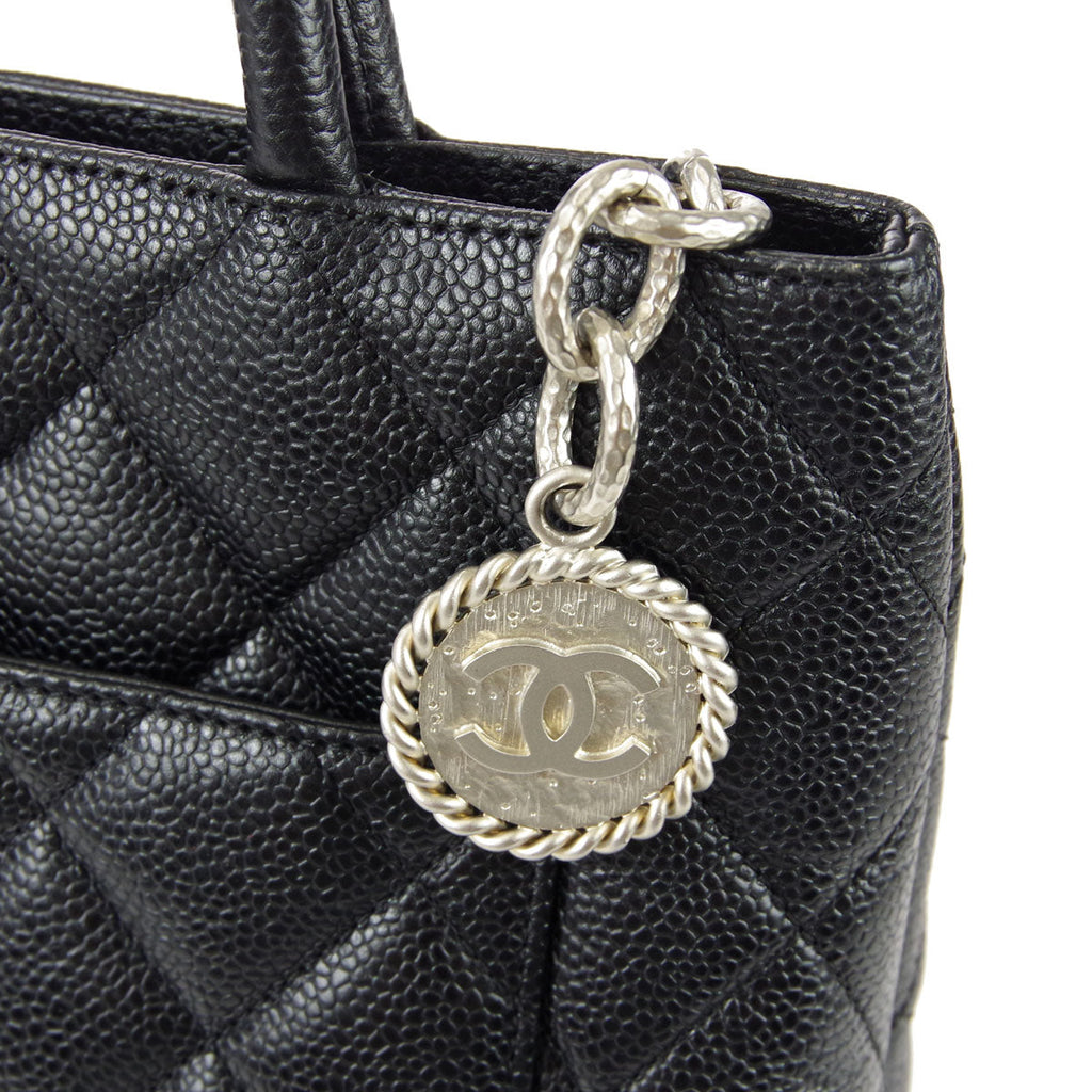 CHANEL Medallion Quilted Tote Handbag Black Caviar 68010