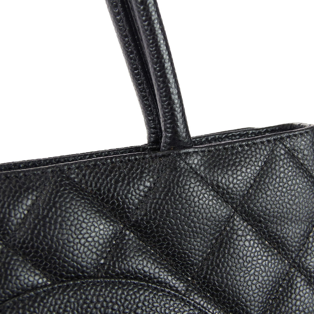 CHANEL Medallion Quilted Tote Handbag Black Caviar 68010
