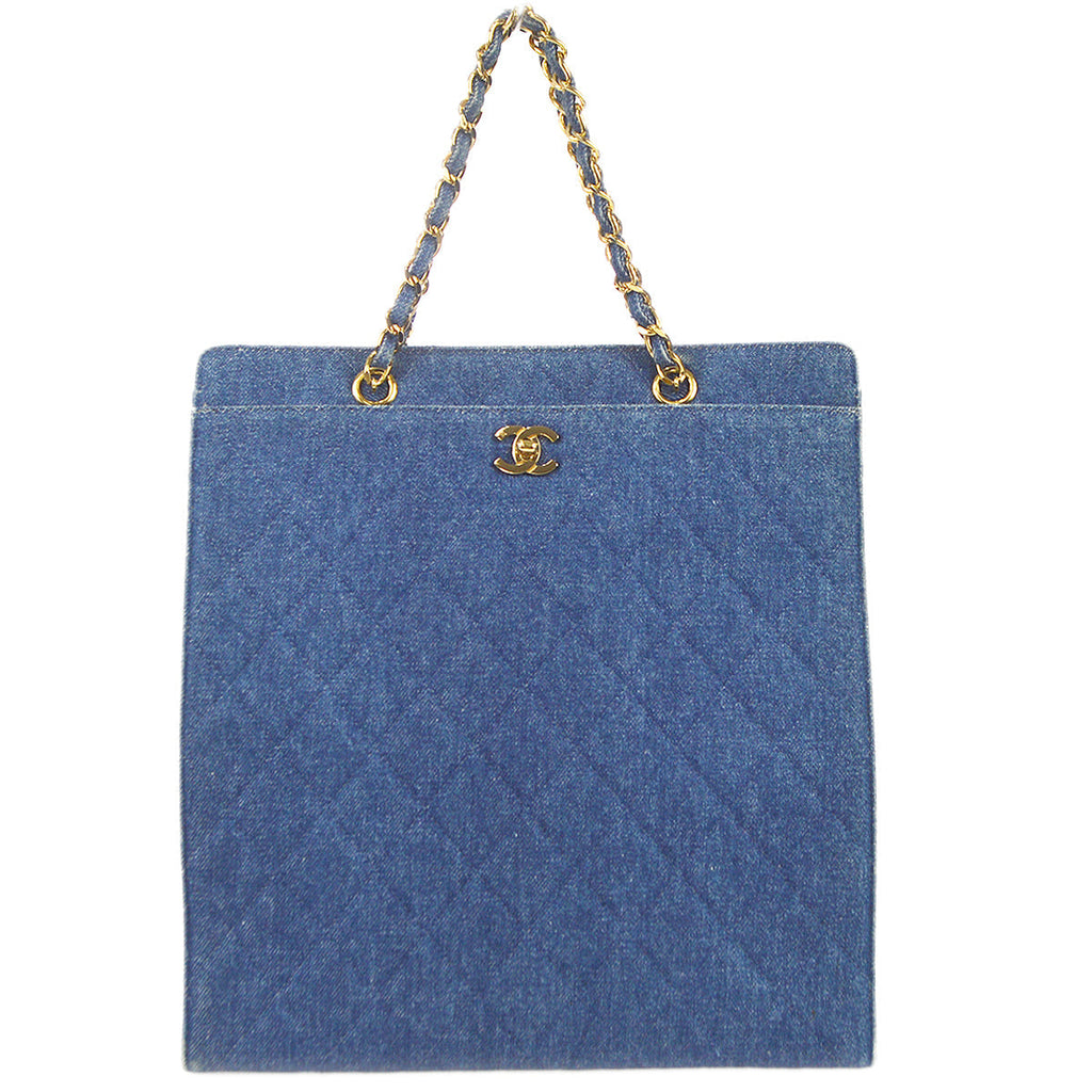 CHANEL Chain Tote Handbag Indigo Denim 68451