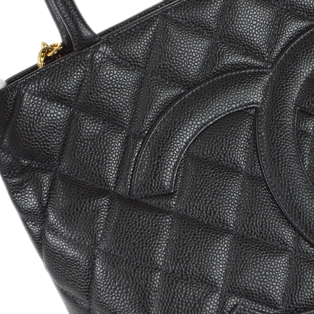 CHANEL Medallion Quilted Tote Handbag Black Caviar 78342