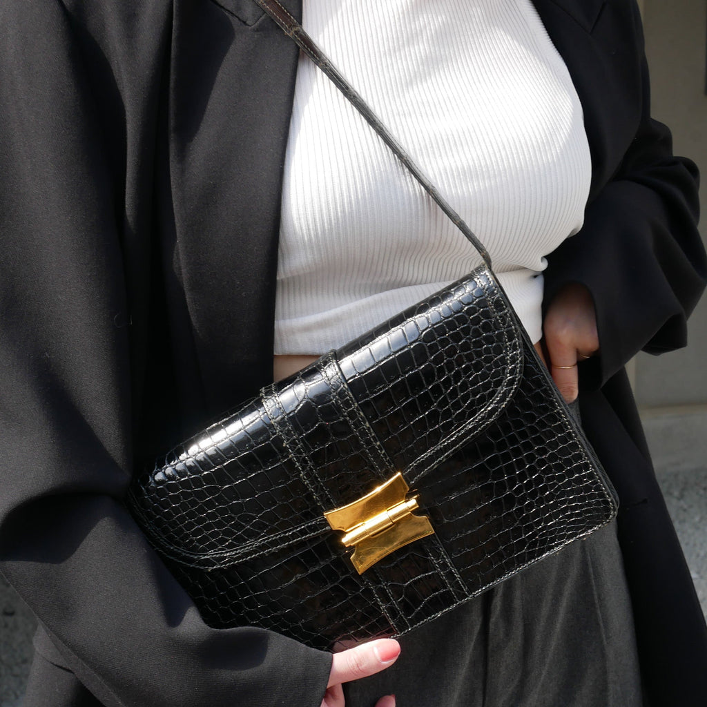 HERMES 1979 Shoulder Bag Black Crocodile