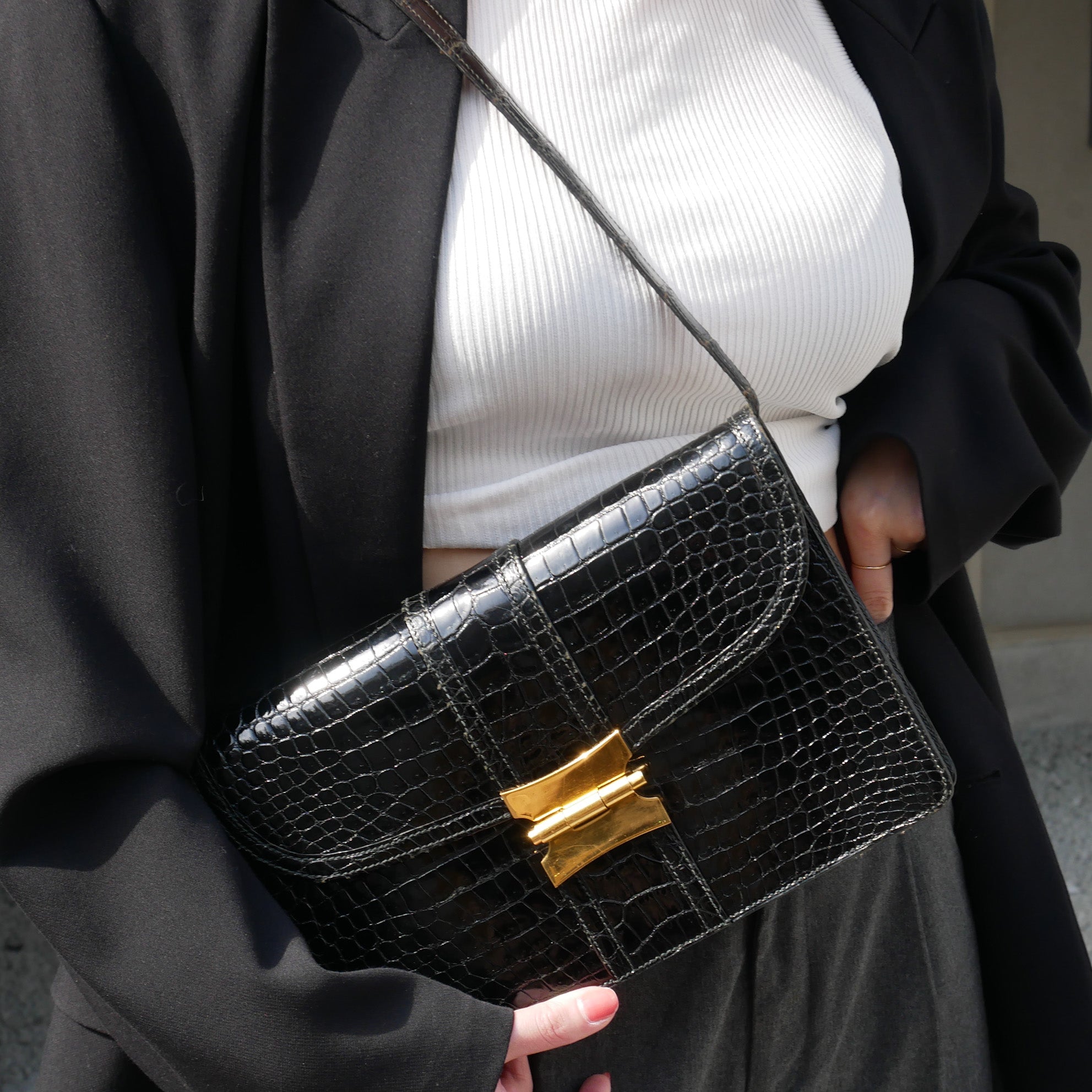 HERMES 1979 Shoulder Bag Black Crocodile