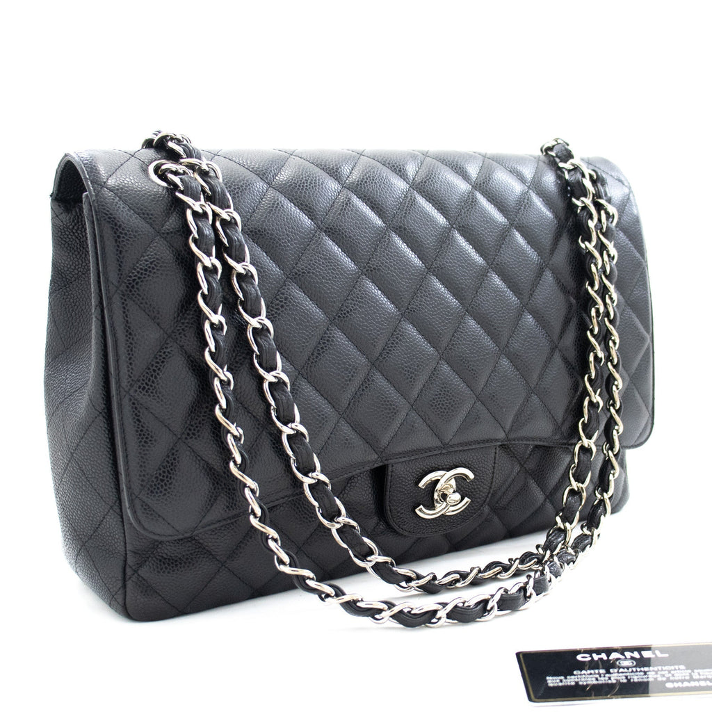 CHANEL Caviar Grained Calfskin Flap Chain Shoulder Bag Black 13" i90