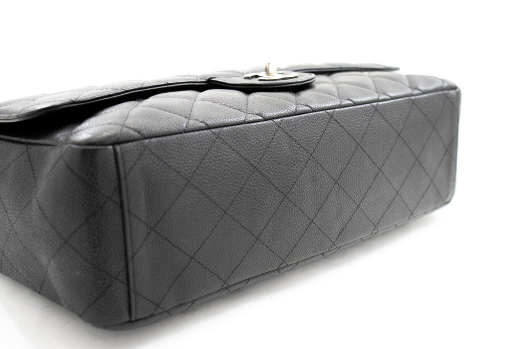 CHANEL Caviar Grained Calfskin Flap Chain Shoulder Bag Black 13" i90