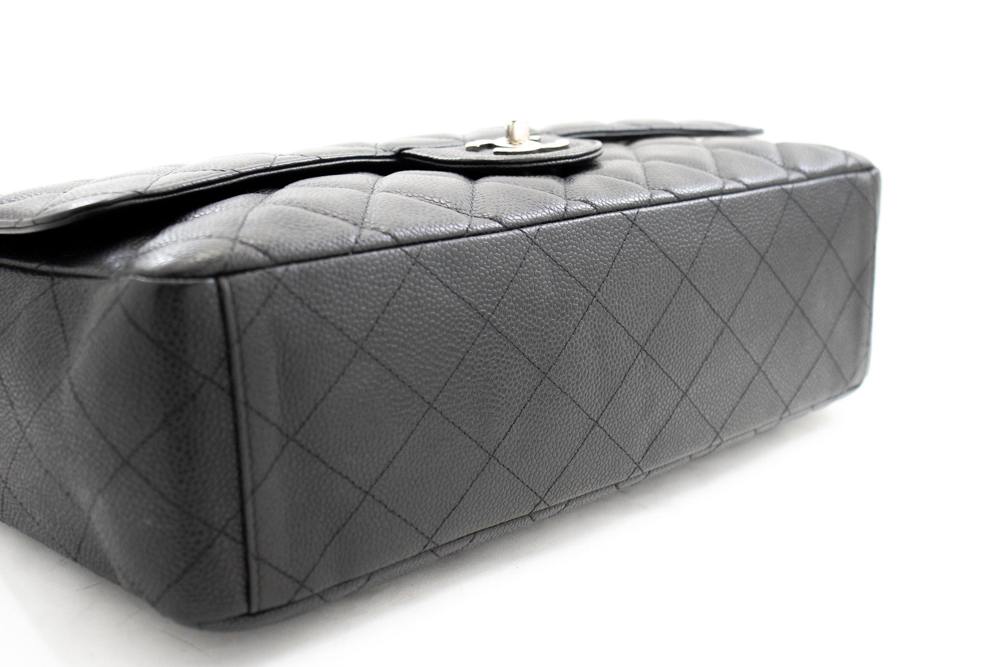 CHANEL Caviar Grained Calfskin Flap Chain Shoulder Bag Black 13" i90