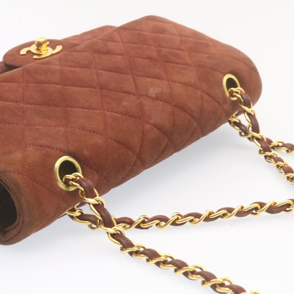 CHANEL Matelasse 25 Double Flap Chain Suede Shoulder Bag Brown CC  22346A