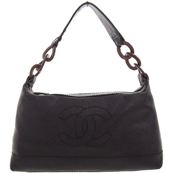 CHANEL Around 2001 Made Caviar Skin Cc Mark Stitch Wood Chain Top Handle Bag Black