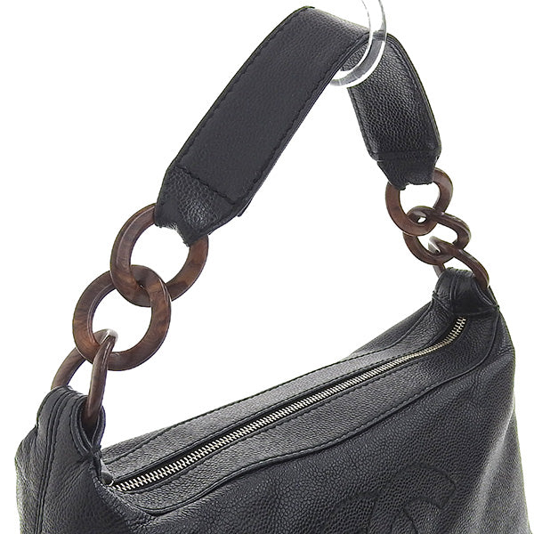 CHANEL Around 2001 Made Caviar Skin Cc Mark Stitch Wood Chain Top Handle Bag Black