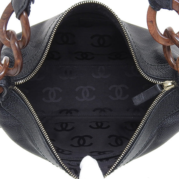 CHANEL Around 2001 Made Caviar Skin Cc Mark Stitch Wood Chain Top Handle Bag Black