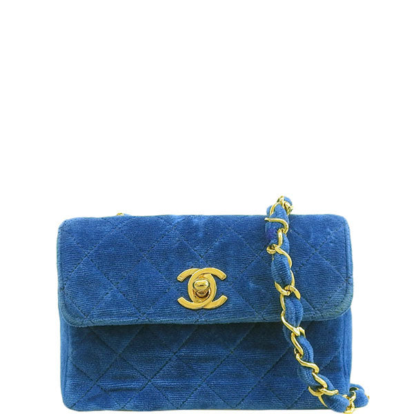 CHANEL Around 1990 Made Velvet Turn-Lock Mini Chain Bag Blue
