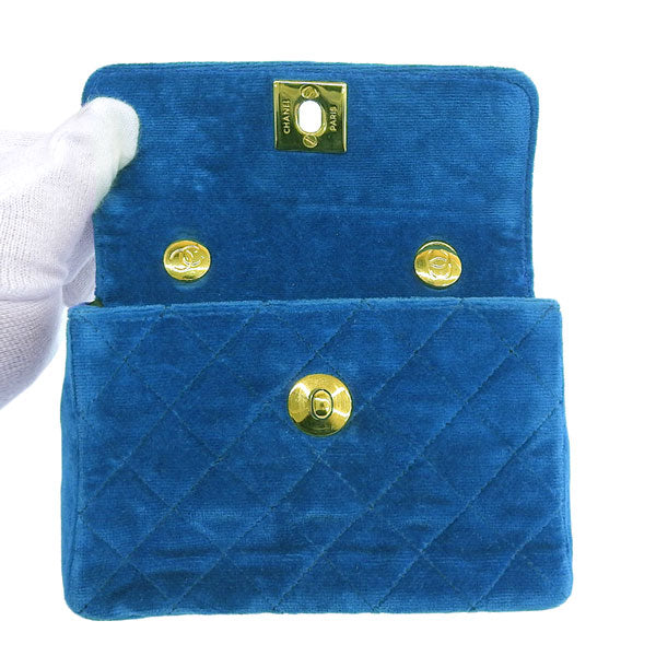 CHANEL Around 1990 Made Velvet Turn-Lock Mini Chain Bag Blue