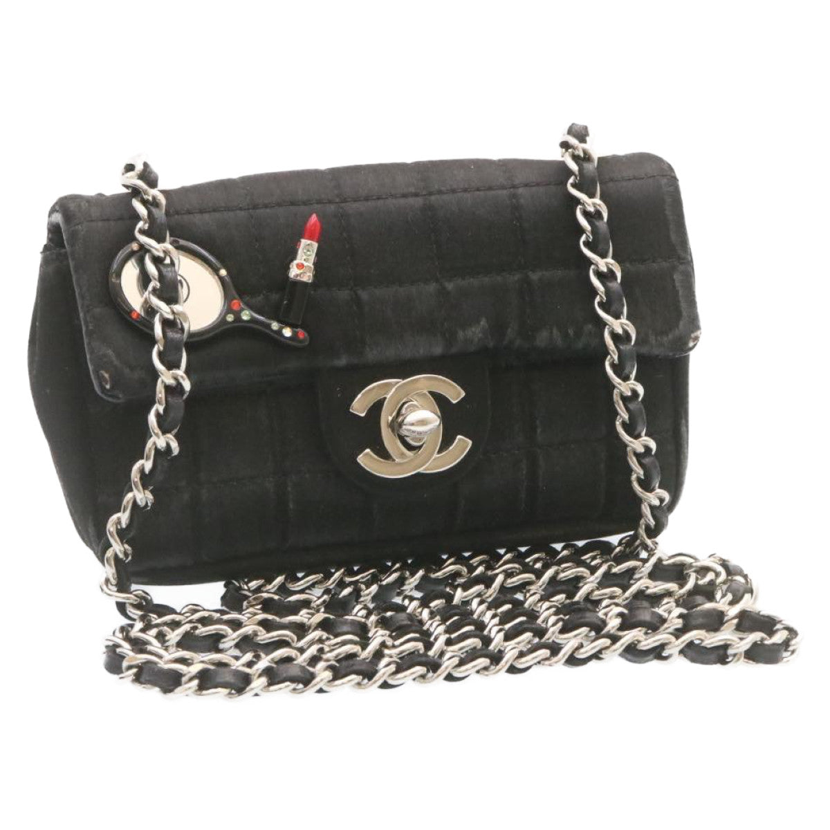 CHANEL Choco Bar Rouge Racket Linestone Shoulder Bag Satin Black CC  24559A