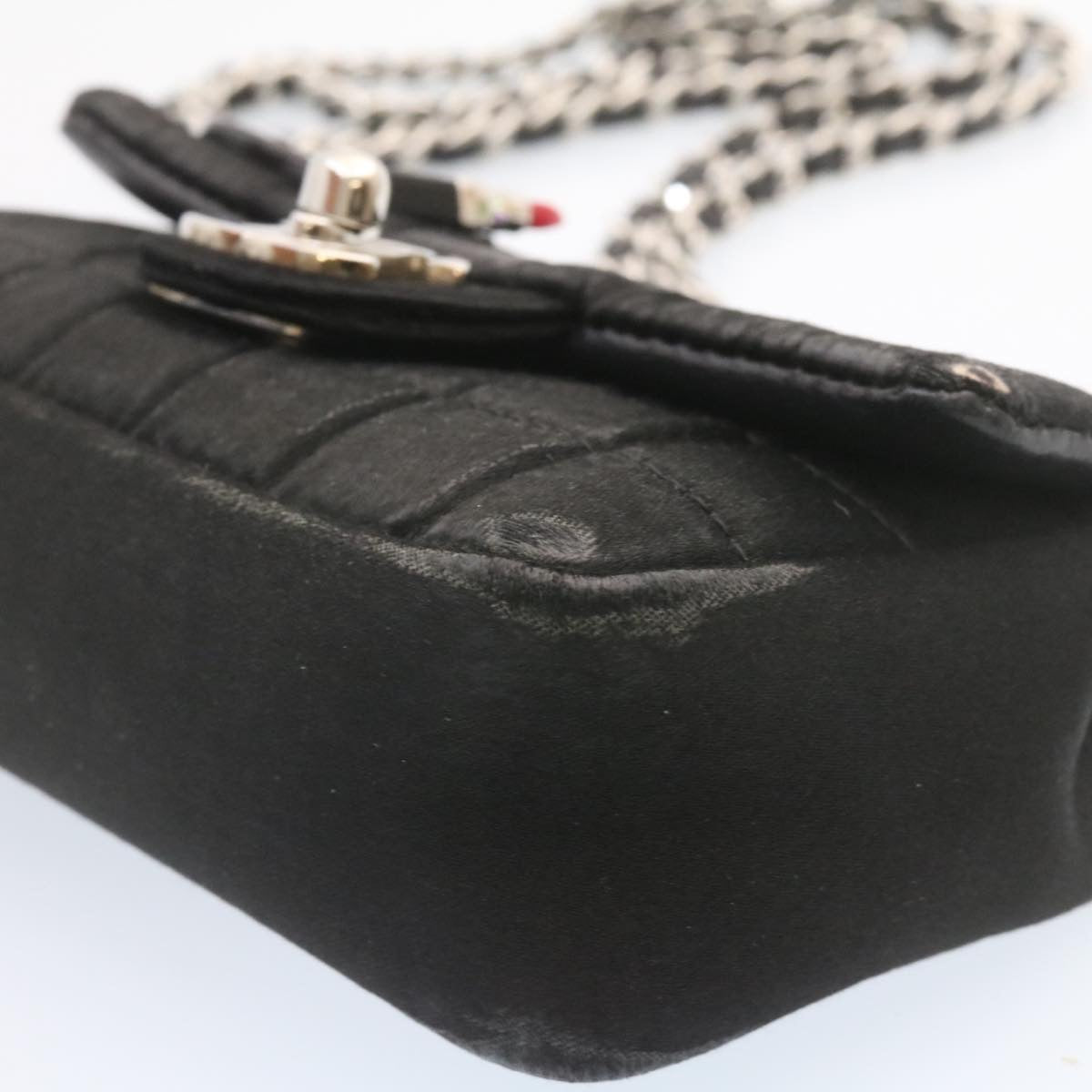 CHANEL Choco Bar Rouge Racket Linestone Shoulder Bag Satin Black CC  24559A