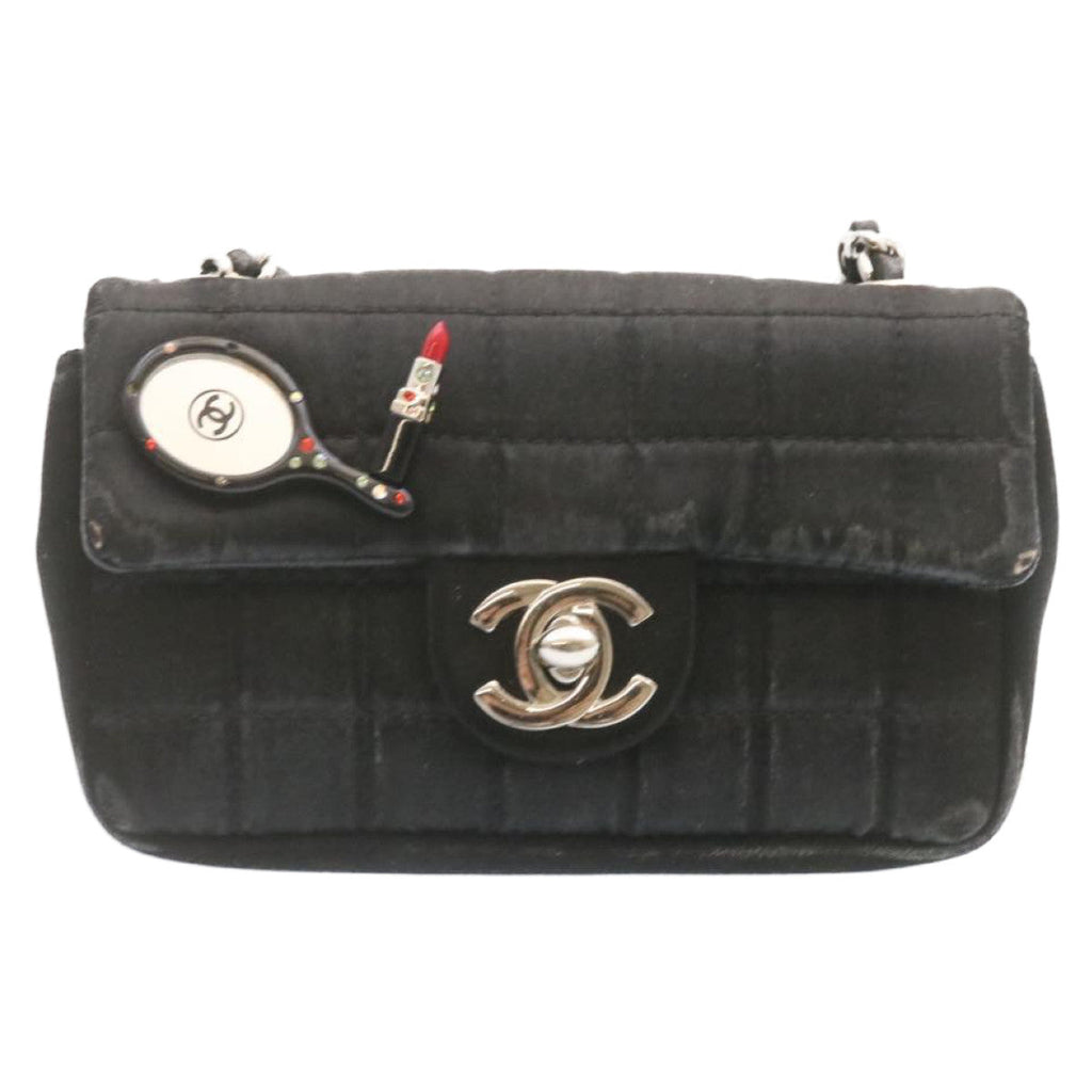 CHANEL Choco Bar Rouge Racket Linestone Shoulder Bag Satin Black CC  24559A