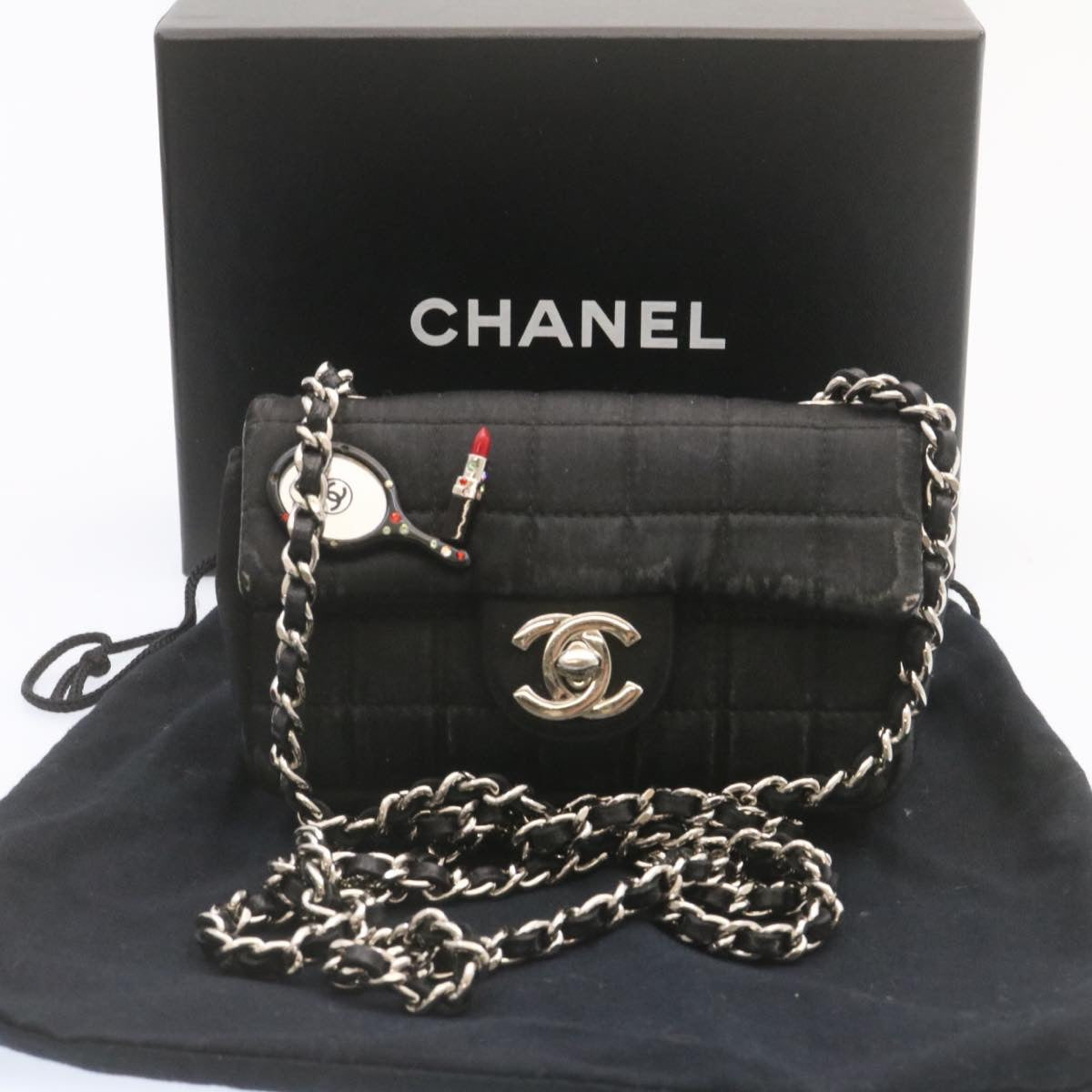 CHANEL Choco Bar Rouge Racket Linestone Shoulder Bag Satin Black CC  24559A
