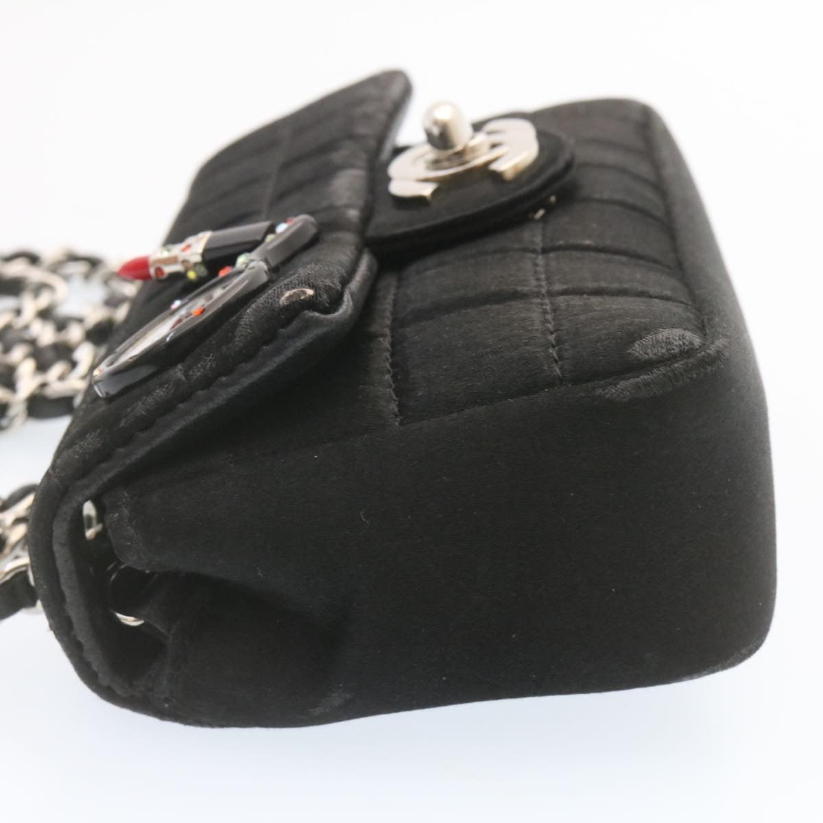 CHANEL Choco Bar Rouge Racket Linestone Shoulder Bag Satin Black CC  24559A