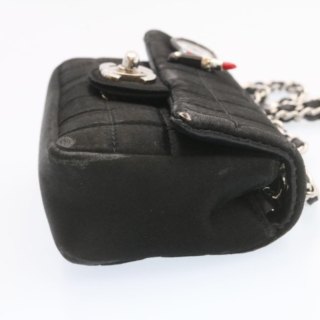 CHANEL Choco Bar Rouge Racket Linestone Shoulder Bag Satin Black CC  24559A