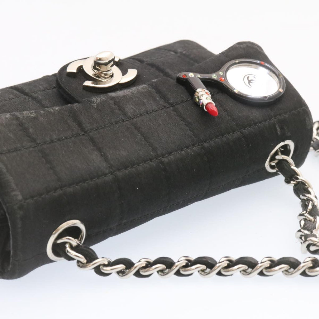 CHANEL Choco Bar Rouge Racket Linestone Shoulder Bag Satin Black CC  24559A