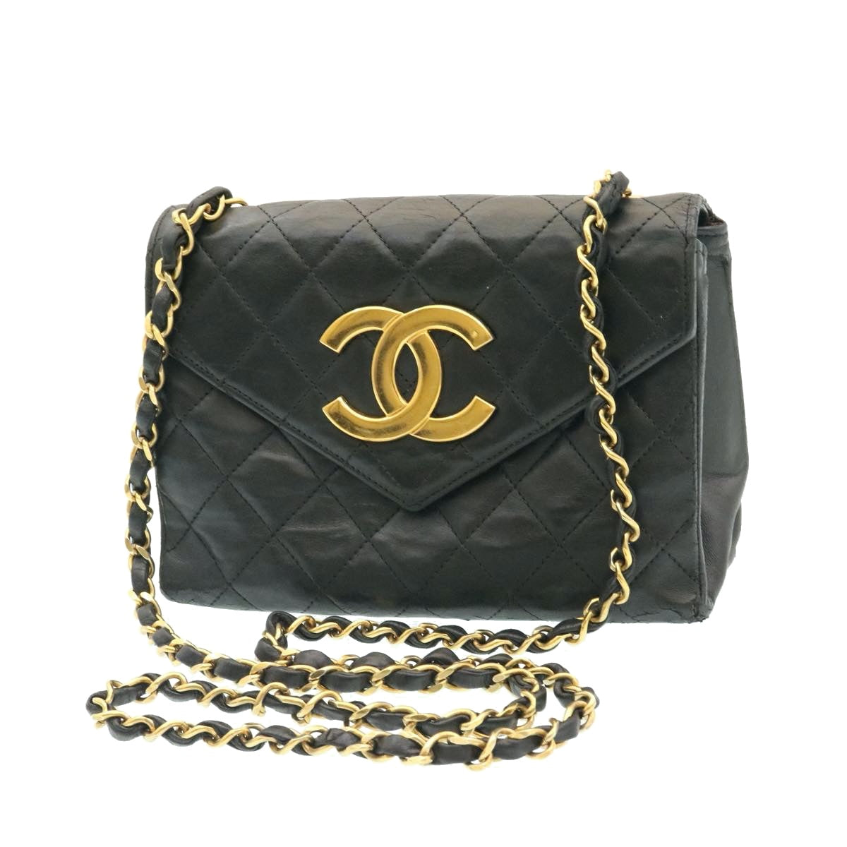 CHANEL Lamb Skin Matelasse Chain Shoulder Bag Black CC  25810A