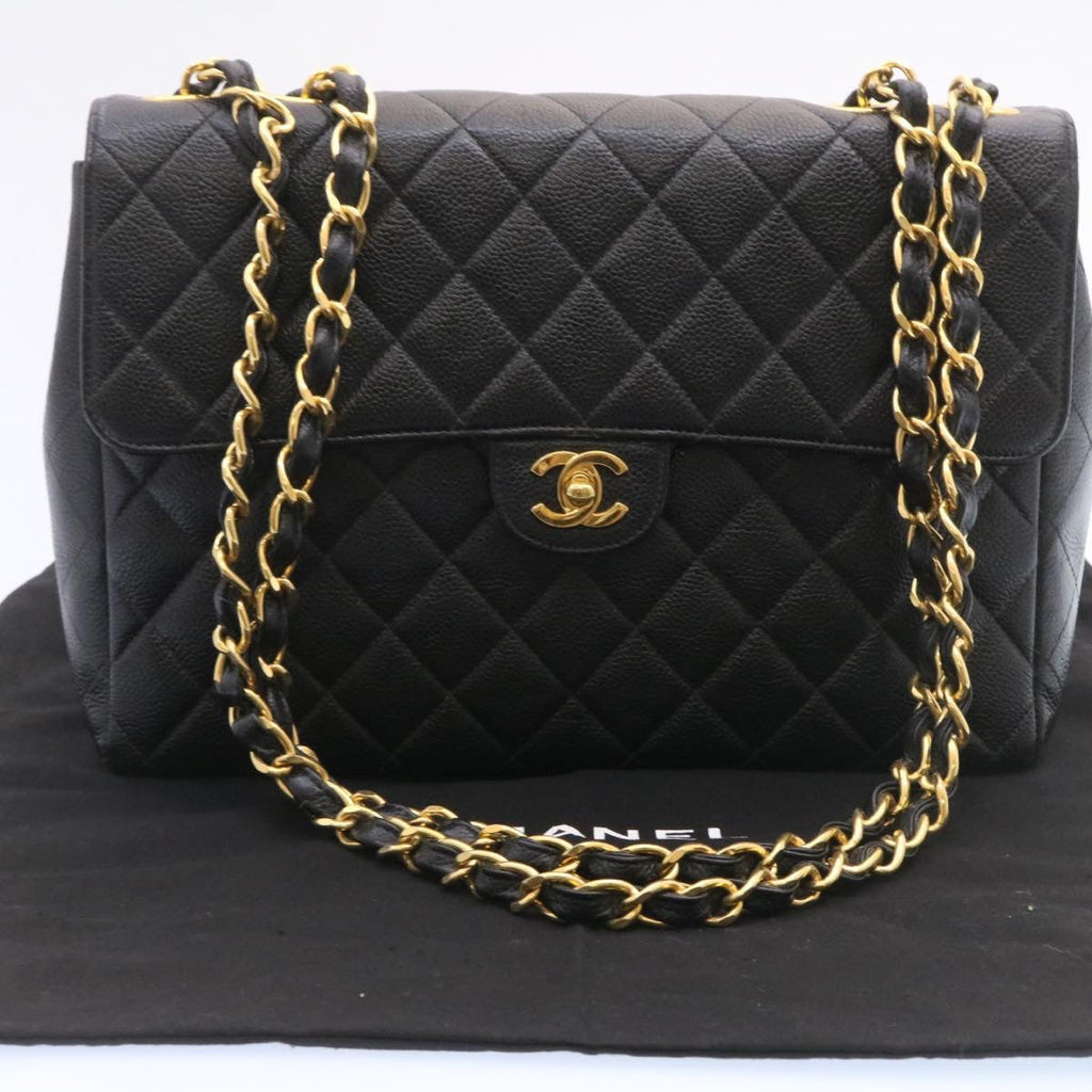 CHANEL Big Matelasse Flap Chain Shoulder Bag Caviar Skin Black Gold  25984A