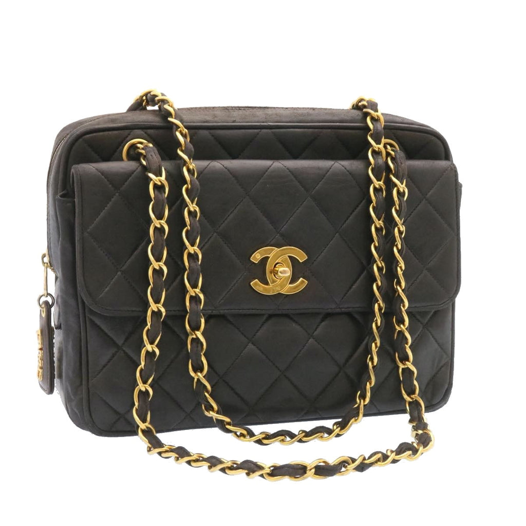CHANEL Lamb Skin Matelasse Chain Shoulder Bag Black Gold CC  26128A