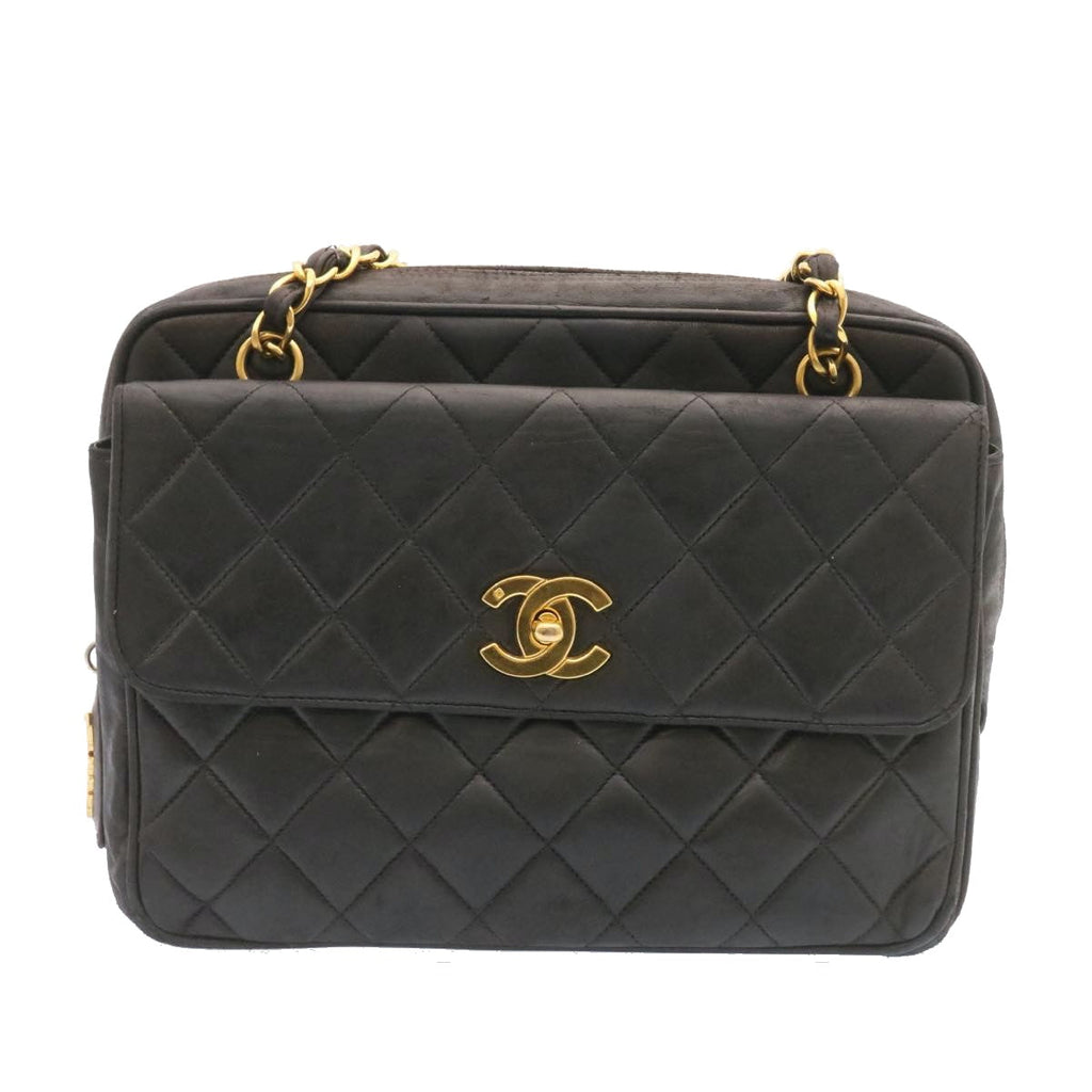 CHANEL Lamb Skin Matelasse Chain Shoulder Bag Black Gold CC  26128A