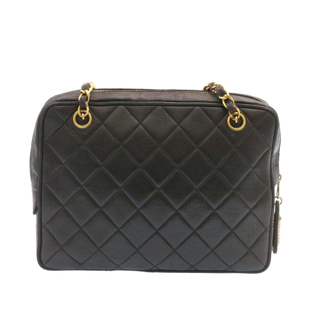 CHANEL Lamb Skin Matelasse Chain Shoulder Bag Black Gold CC  26128A