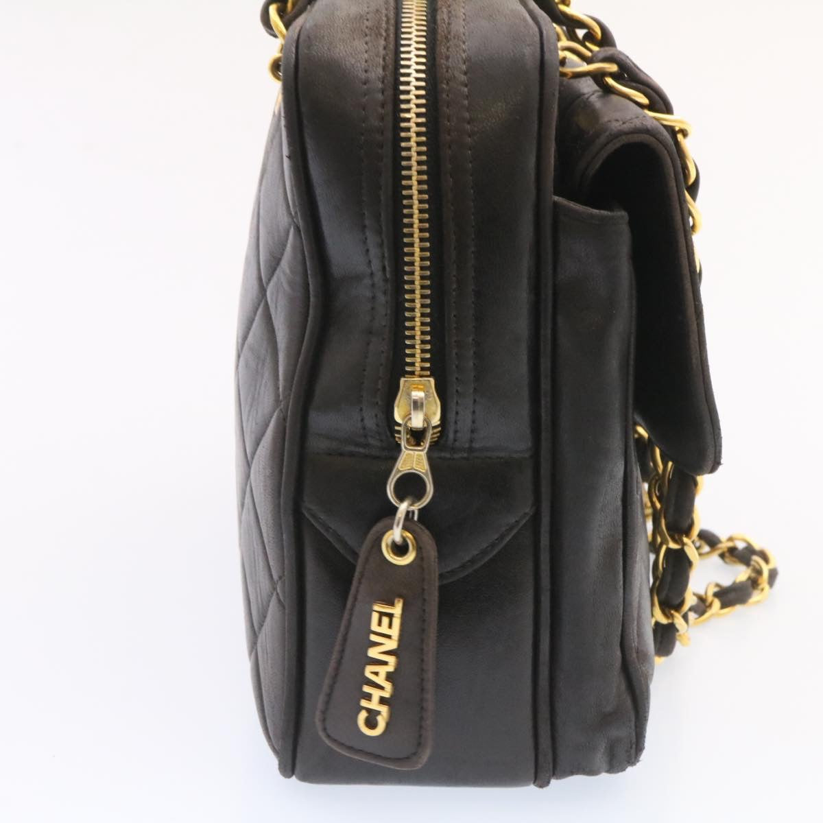 CHANEL Lamb Skin Matelasse Chain Shoulder Bag Black Gold CC  26128A