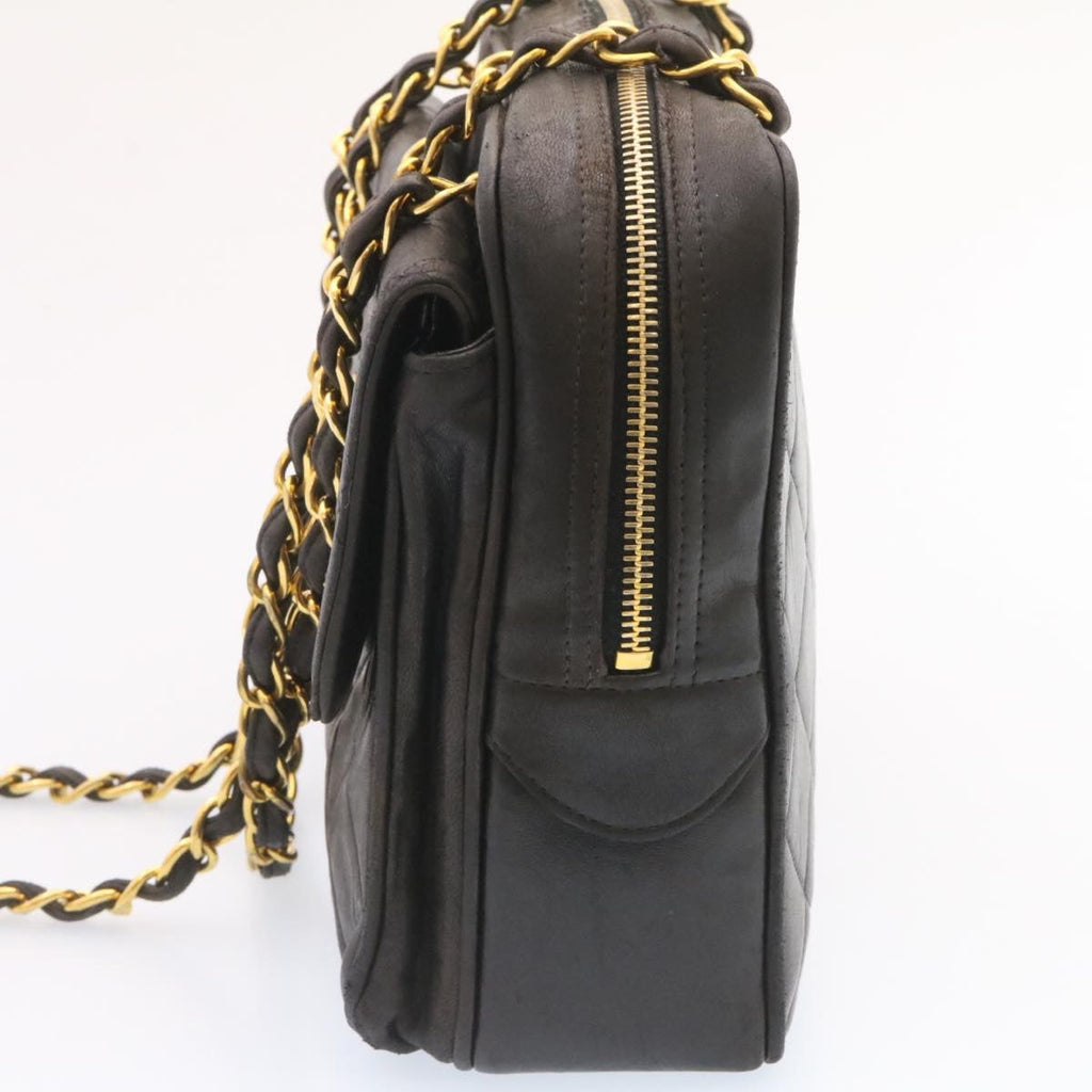 CHANEL Lamb Skin Matelasse Chain Shoulder Bag Black Gold CC  26128A
