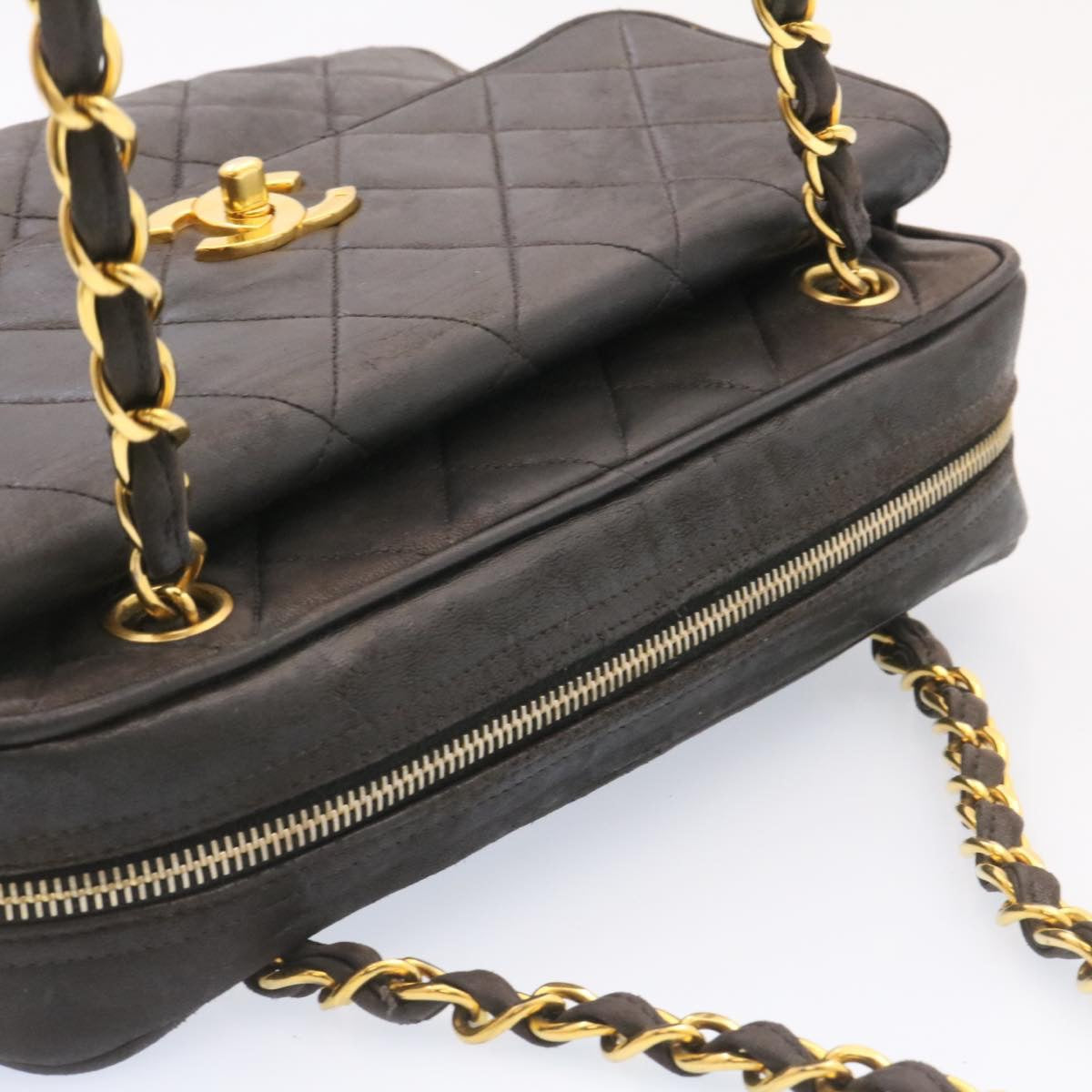 CHANEL Lamb Skin Matelasse Chain Shoulder Bag Black Gold CC  26128A