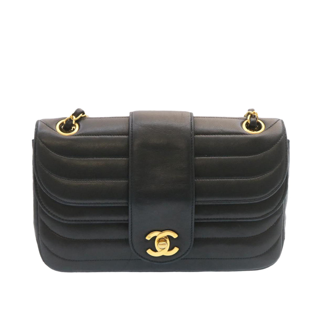 CHANEL Lamb Skin Double Flap Chain Shoulder Bag Black CC  26207A