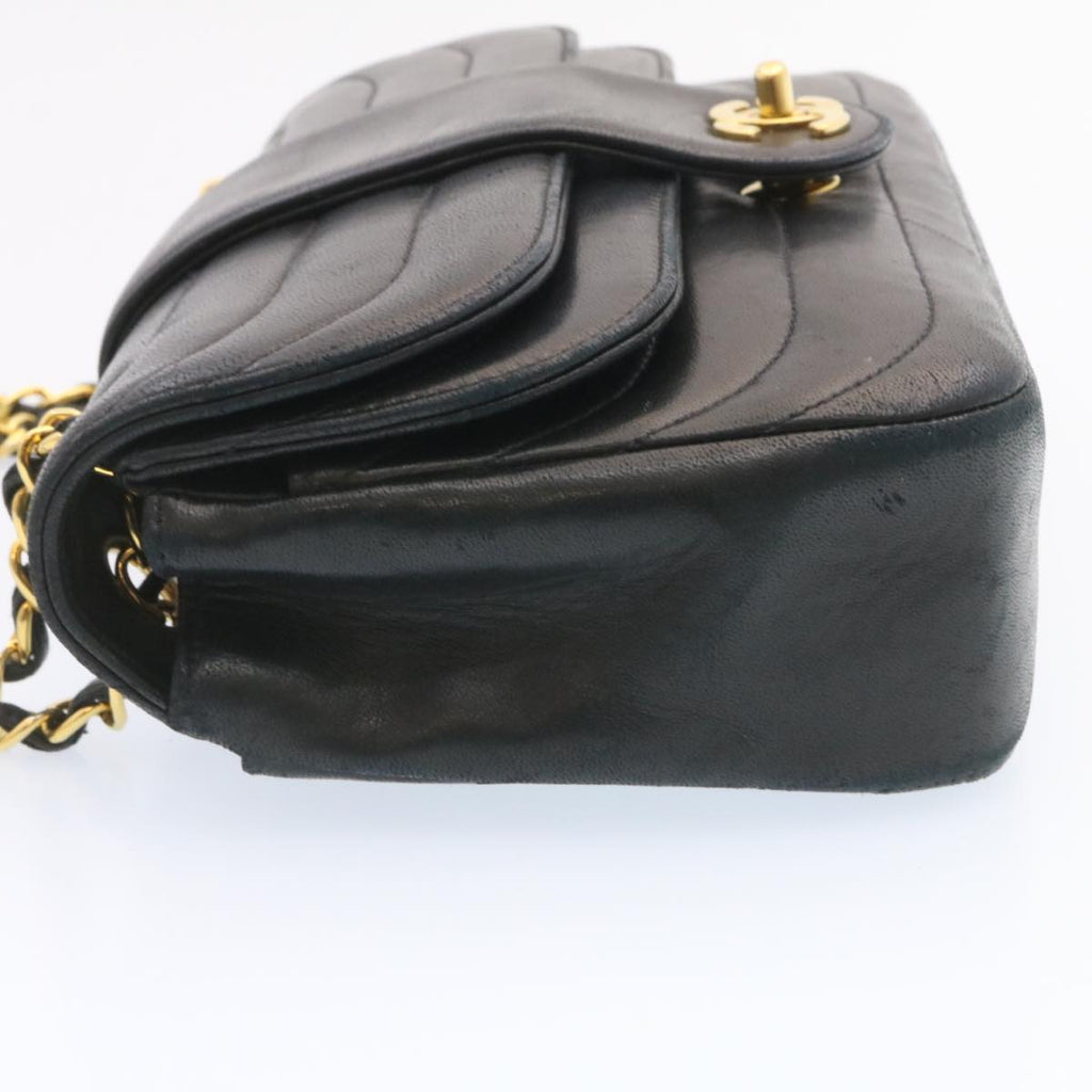 CHANEL Lamb Skin Double Flap Chain Shoulder Bag Black CC Auth 26207A