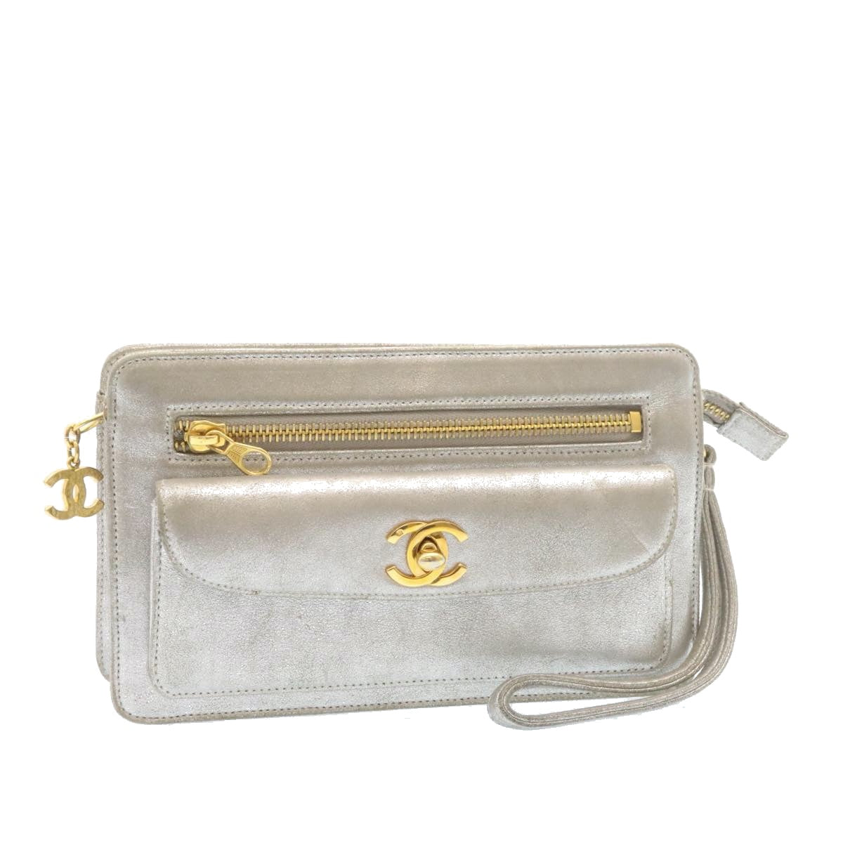 CHANEL Clutch Bag Leather Silver CC  26857