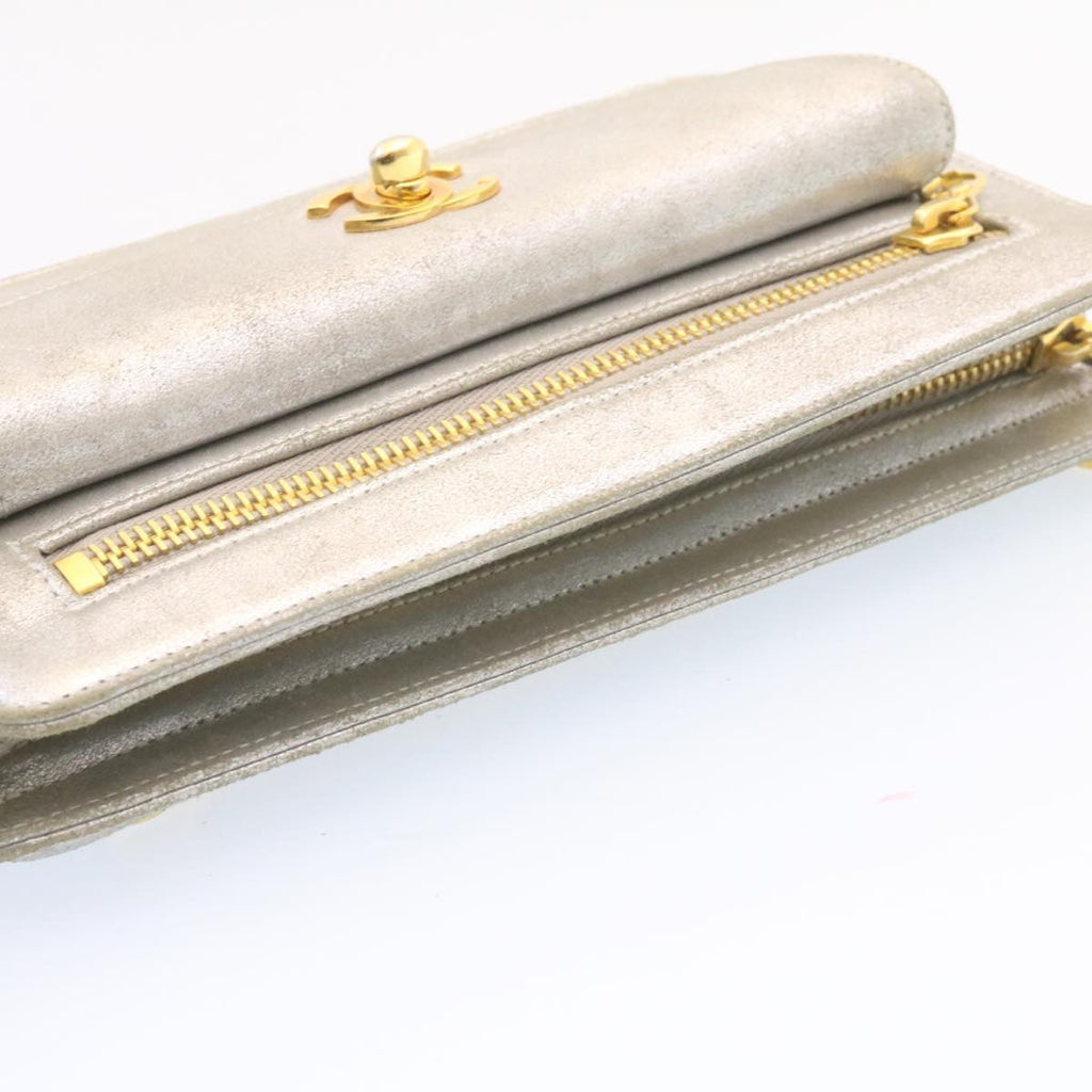 CHANEL Clutch Bag Leather Silver CC  26857