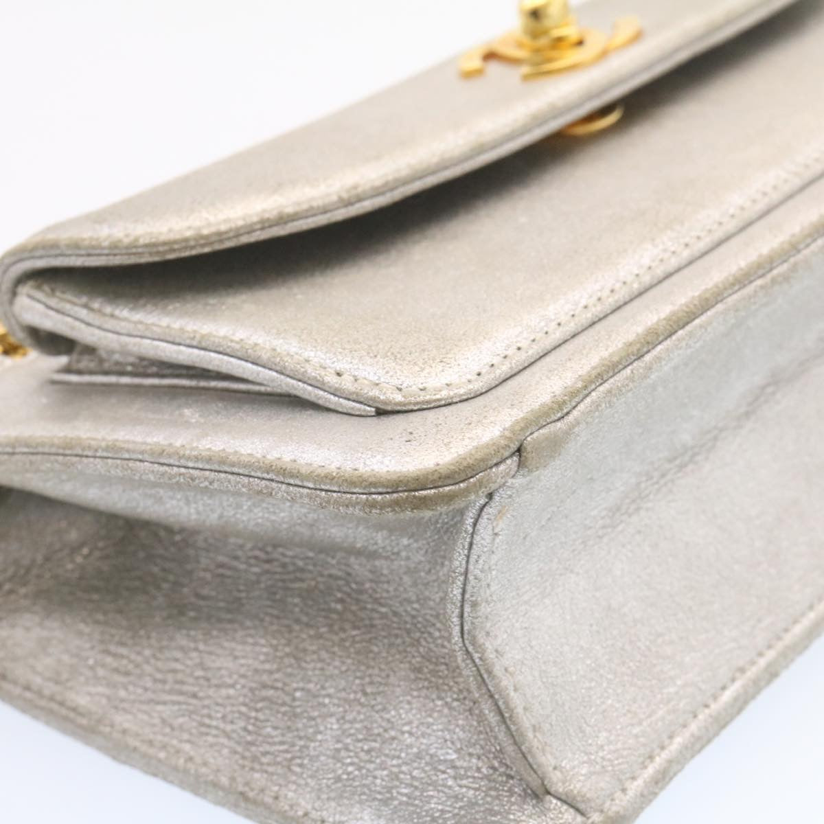 CHANEL Clutch Bag Leather Silver CC Auth 26857