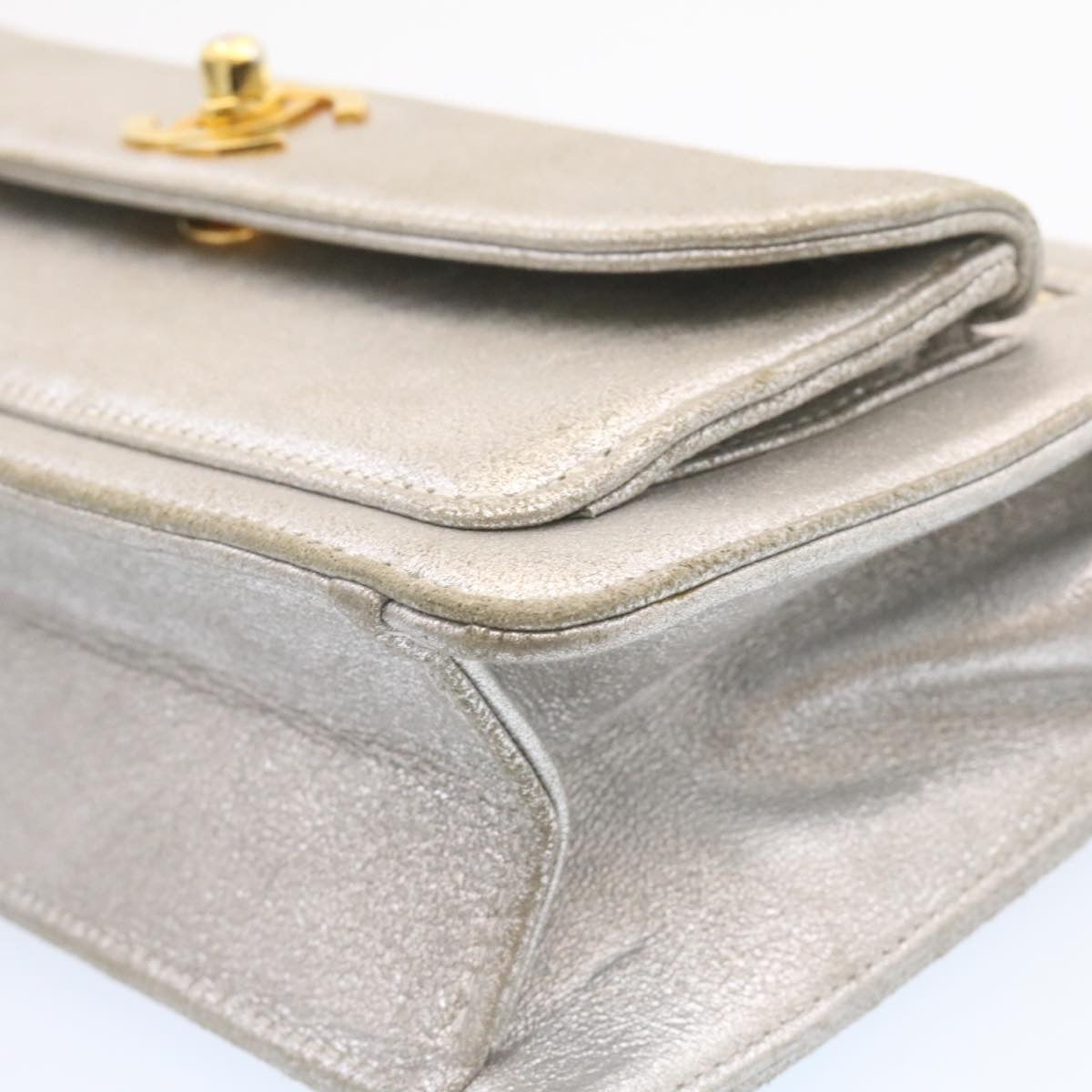 CHANEL Clutch Bag Leather Silver CC Auth 26857