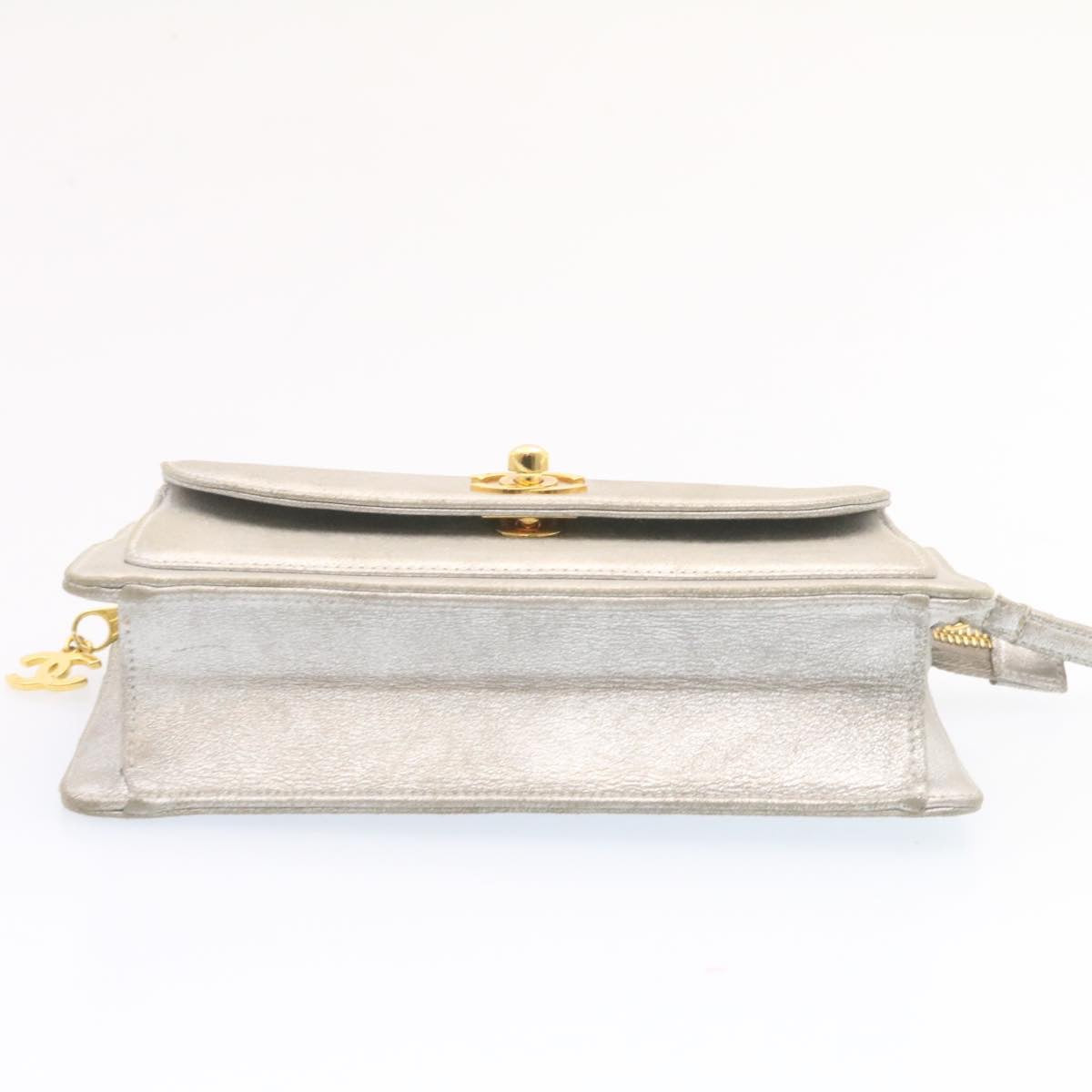 CHANEL Clutch Bag Leather Silver CC Auth 26857
