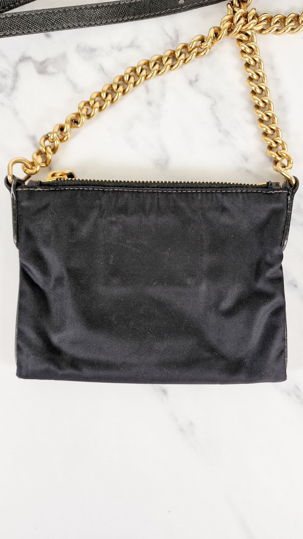 Rare Vintage Prada Black & Gold Tessuto Oro Nylon & Saffiano Leather Cut-Out Logo Crossbody Bag - Prada BT0606