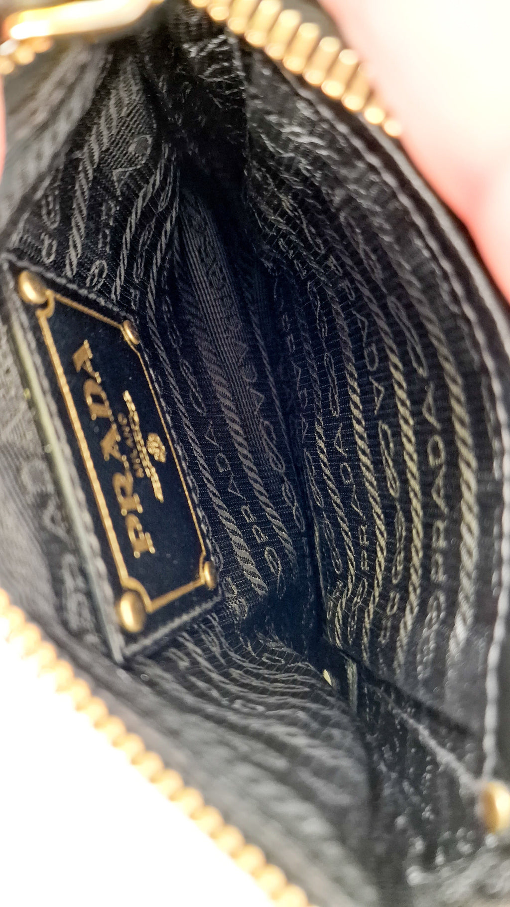 Rare Vintage Prada Black & Gold Tessuto Oro Nylon & Saffiano Leather Cut-Out Logo Crossbody Bag - Prada BT0606