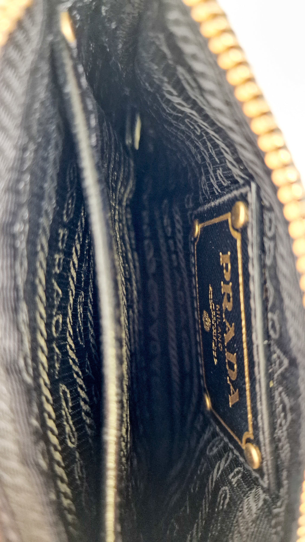 Rare Vintage Prada Black & Gold Tessuto Oro Nylon & Saffiano Leather Cut-Out Logo Crossbody Bag - Prada BT0606