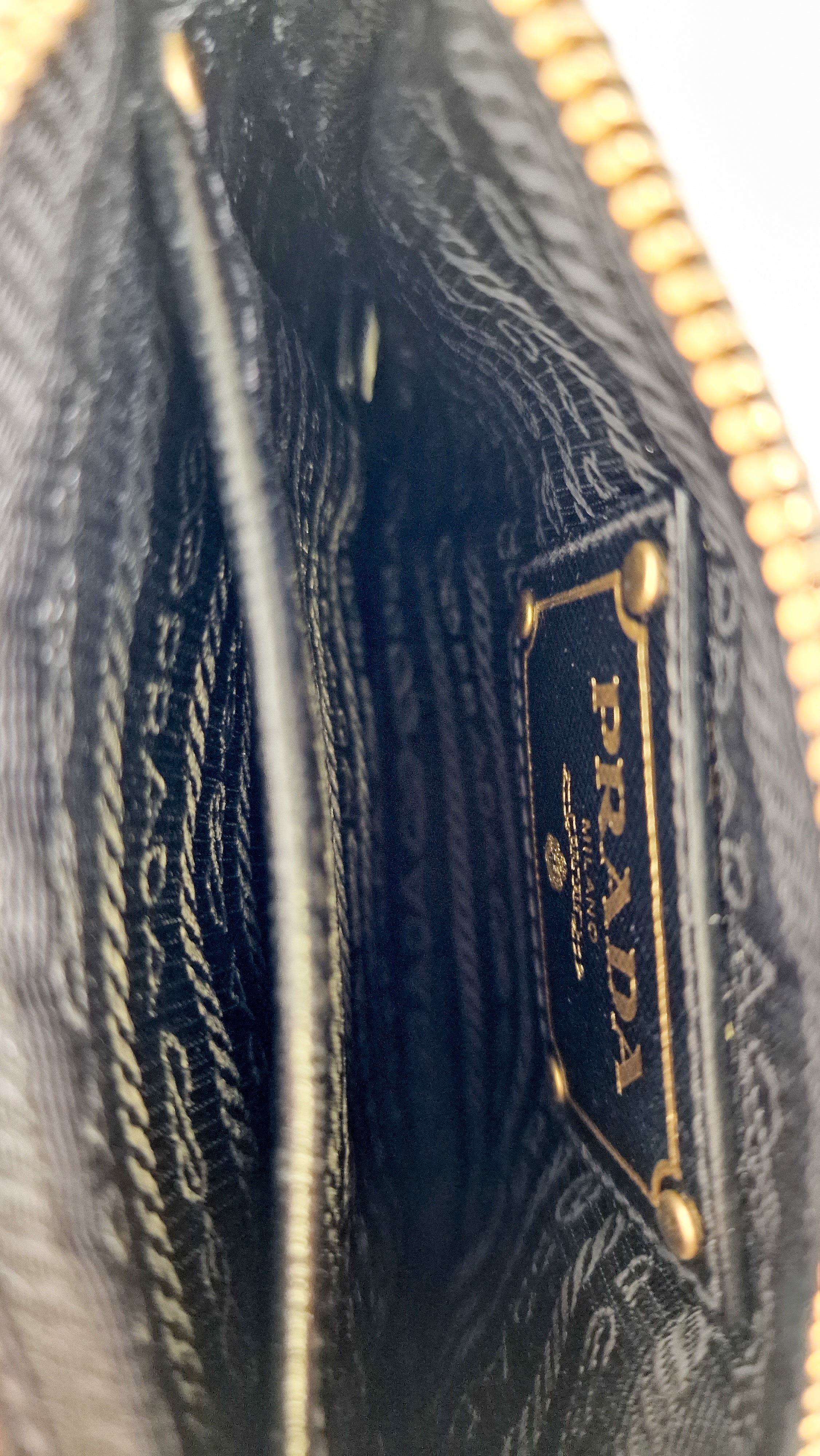 Rare Vintage Prada Black & Gold Tessuto Oro Nylon & Saffiano Leather Cut-Out Logo Crossbody Bag - Prada BT0606