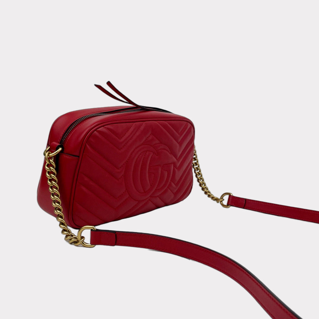 GUCCI Hibiscus Red GG Marmont Small Leather Crossbody