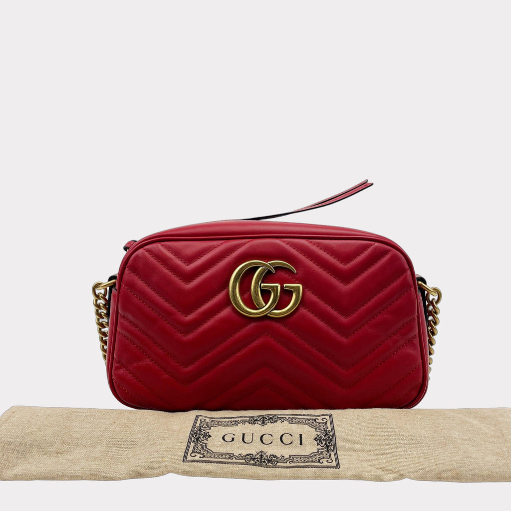 GUCCI Hibiscus Red GG Marmont Small Leather Crossbody