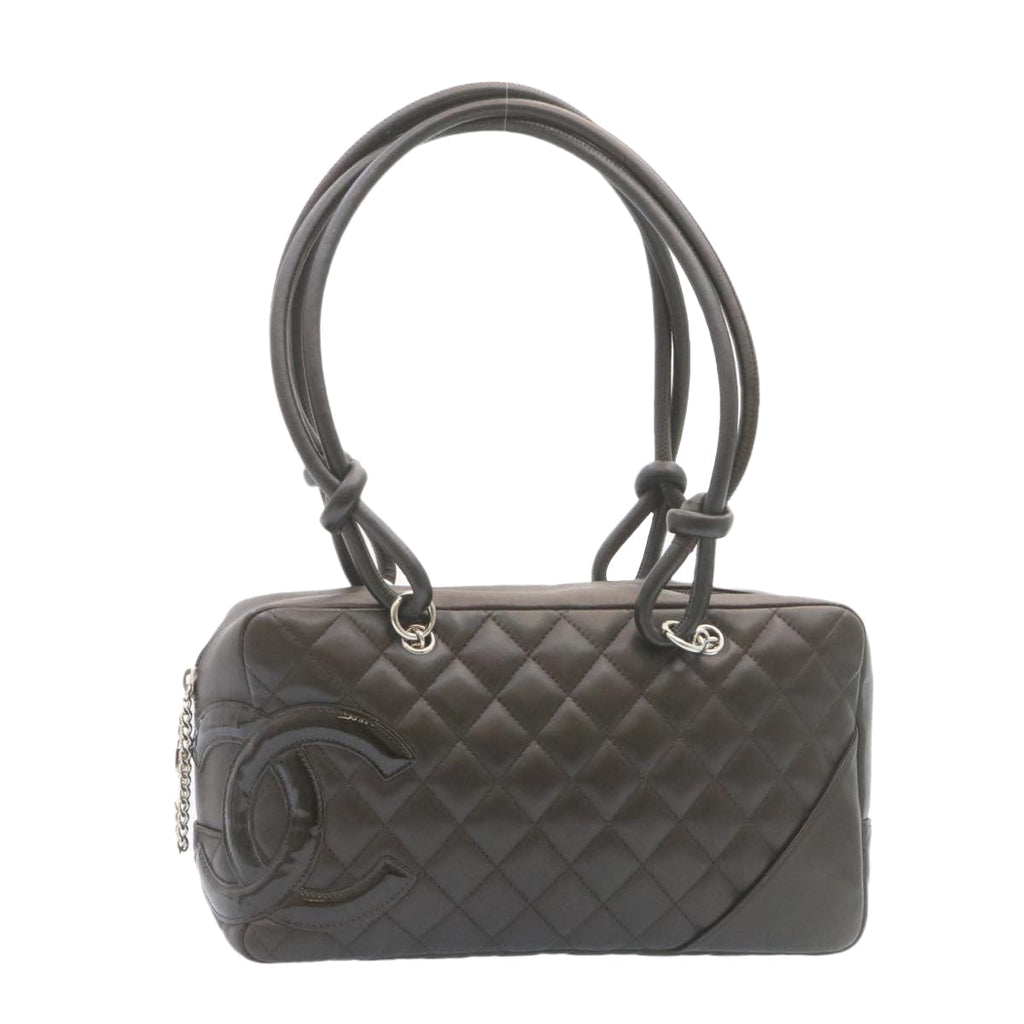 CHANEL Cambon Line Matelasse Hand Bag Leather Dark Brown CC Auth 27850A