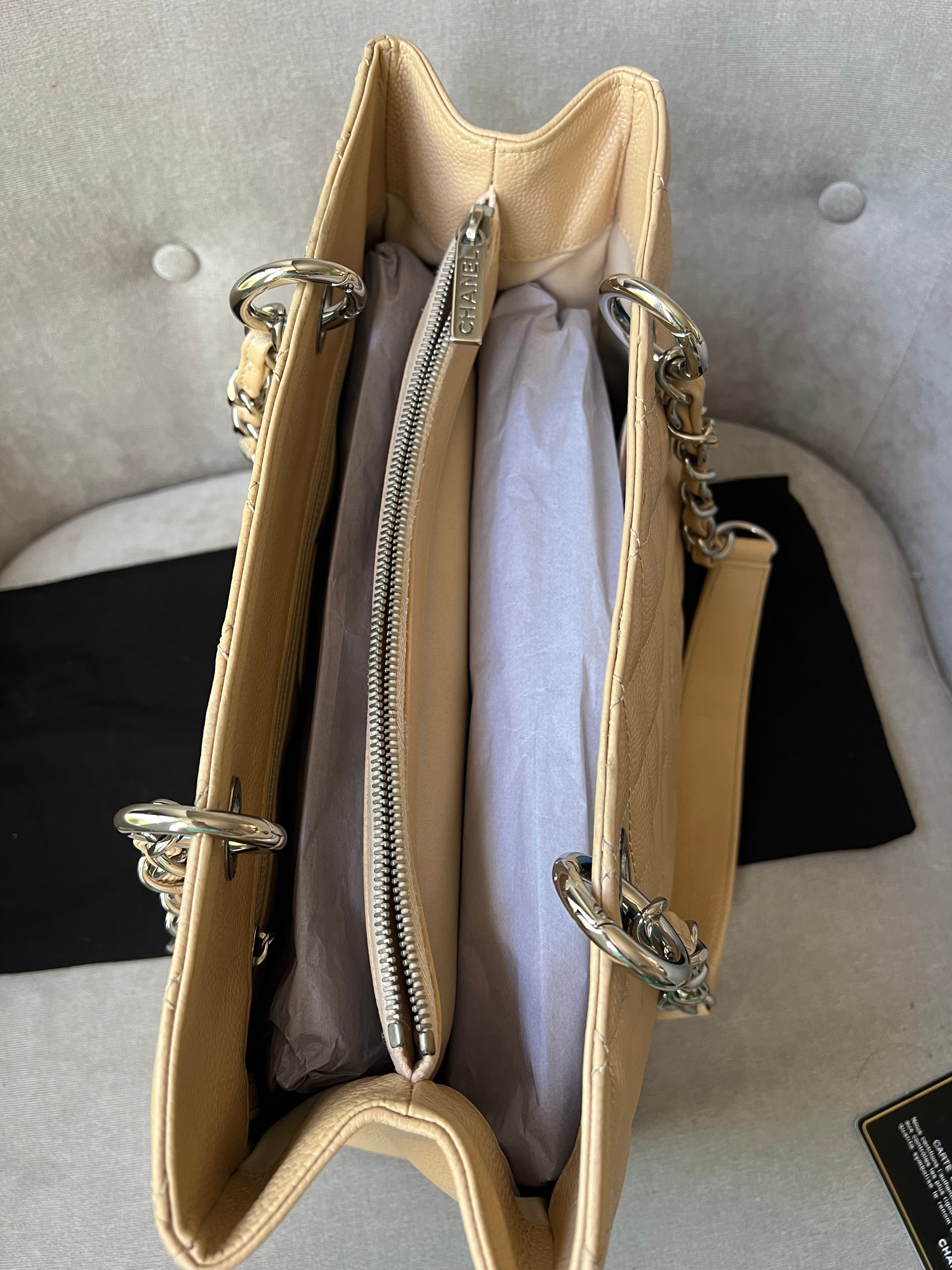 Chanel Light Beige Caviar Grand Shopper Tote with silver hardware (GST)