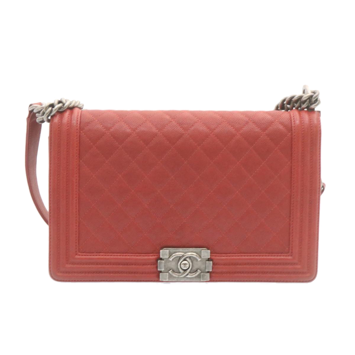 CHANEL Boy  Matelasse Chain Flap Shoulder Bag Leather Red CC Auth 28281A