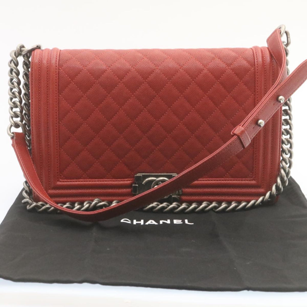 CHANEL Boy  Matelasse Chain Flap Shoulder Bag Leather Red CC Auth 28281A