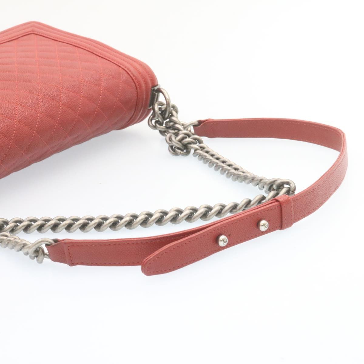 CHANEL Boy  Matelasse Chain Flap Shoulder Bag Leather Red CC Auth 28281A