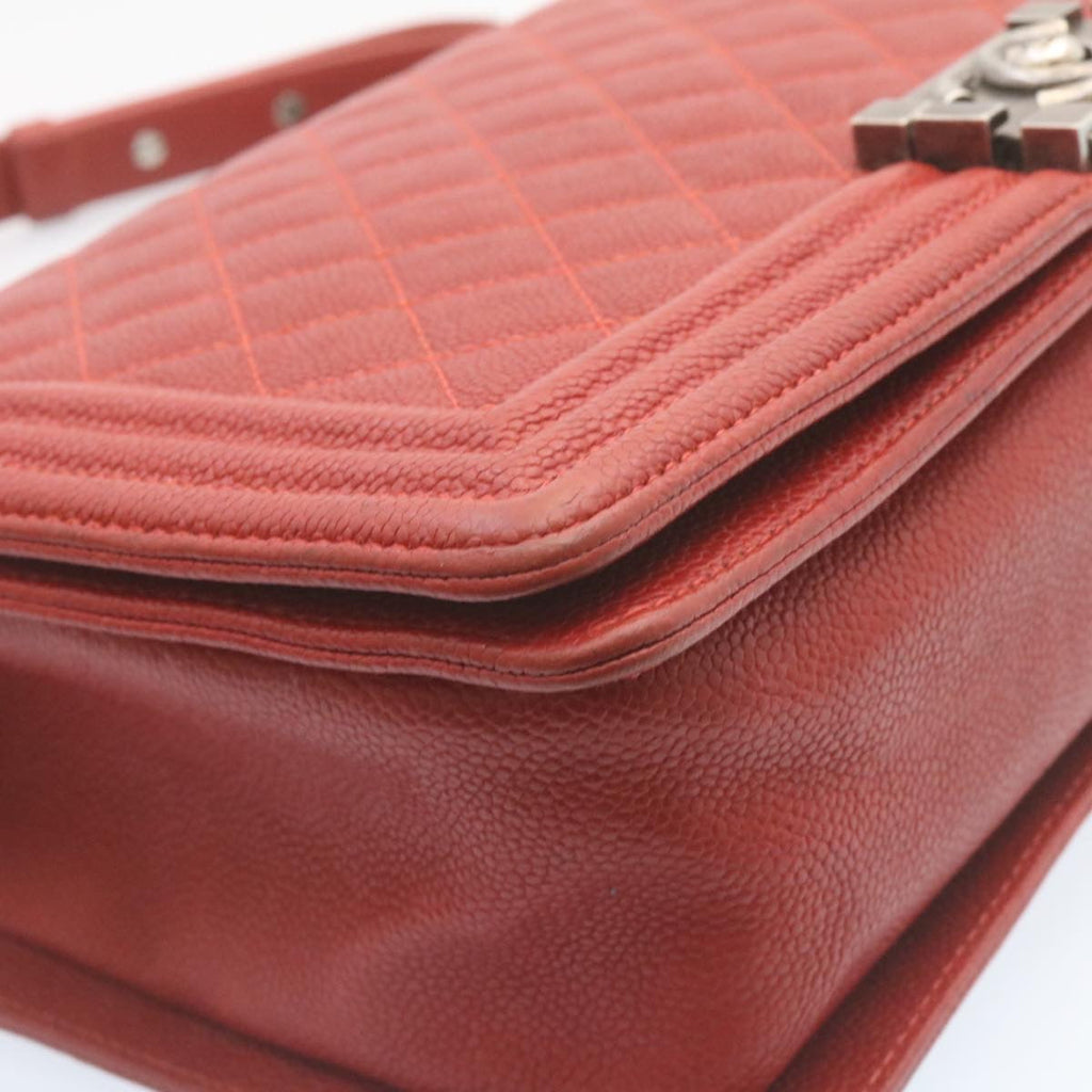 CHANEL Boy  Matelasse Chain Flap Shoulder Bag Leather Red CC Auth 28281A