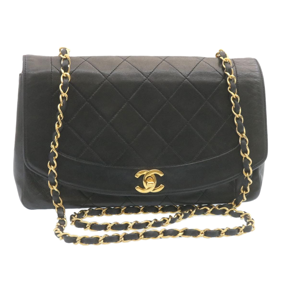 CHANEL Chain Turn Lock Diana Matelasse Shoulder Bag Lamb Skin Black  28282A
